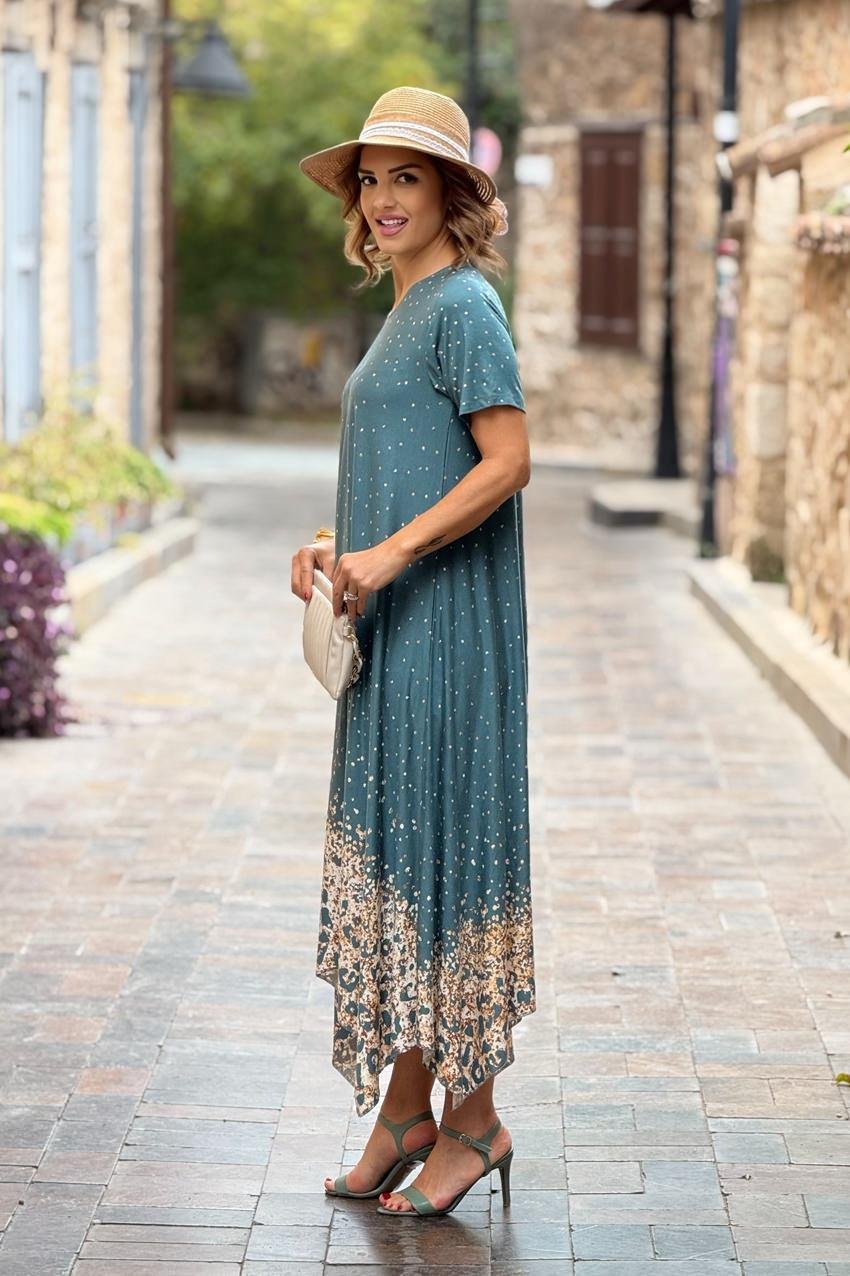 Petrol Etekleri Leopar Desen Verev Kesim Elbise