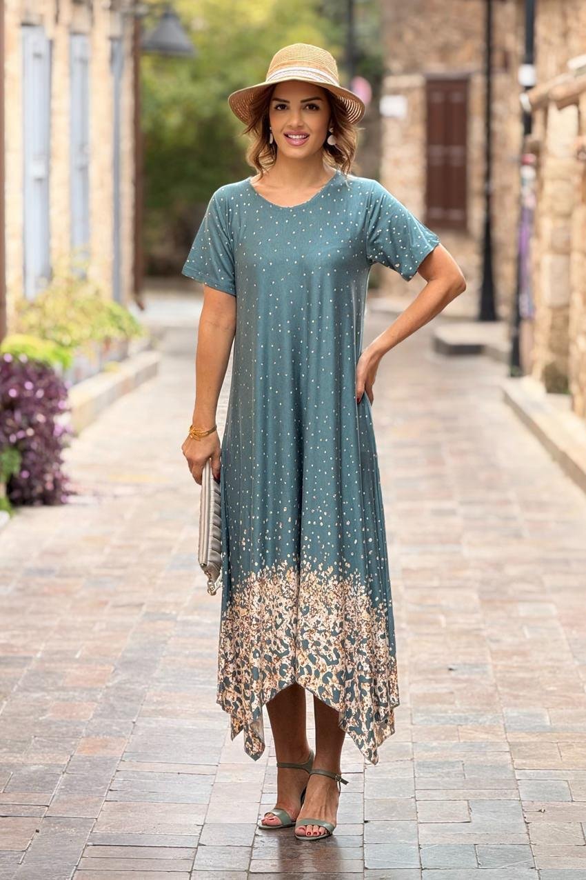 Petrol Etekleri Leopar Desen Verev Kesim Elbise