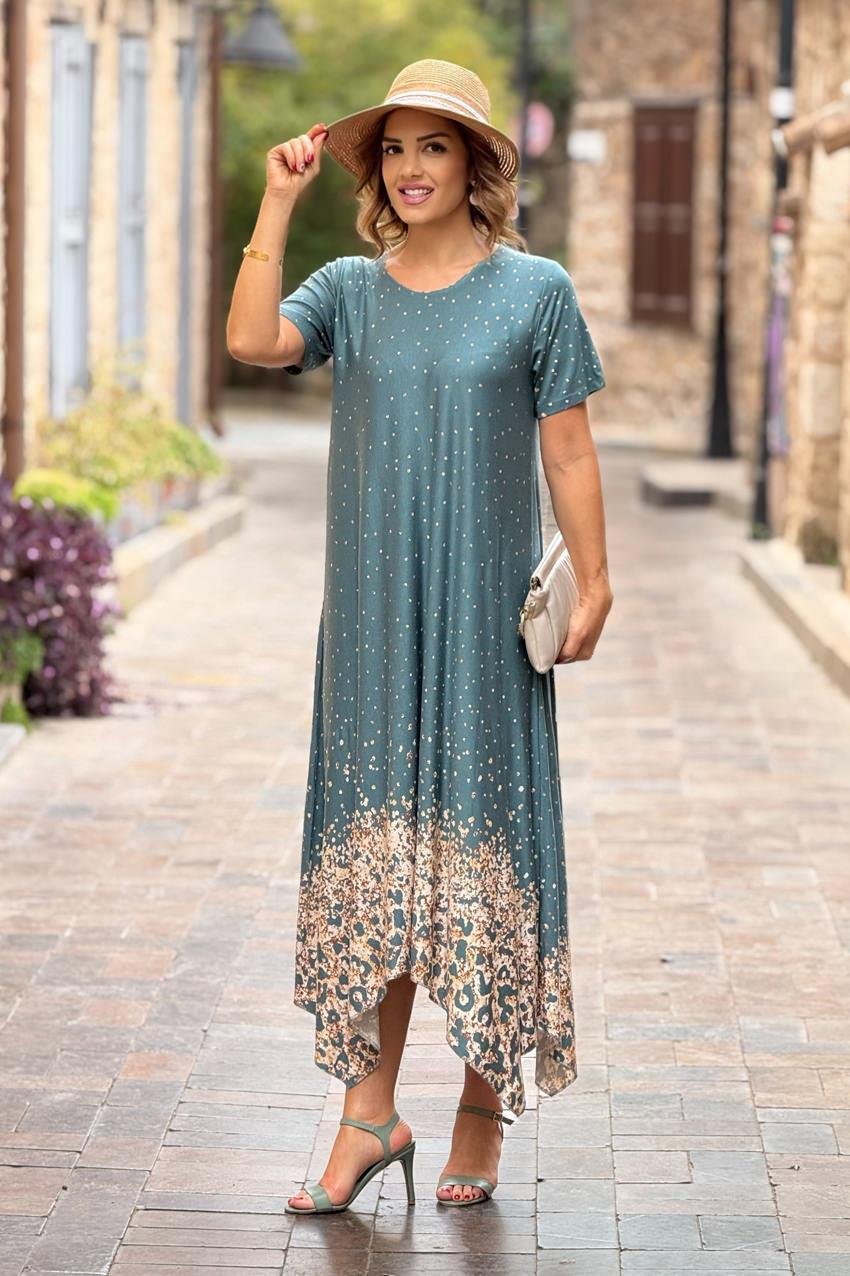 Petrol Etekleri Leopar Desen Verev Kesim Elbise