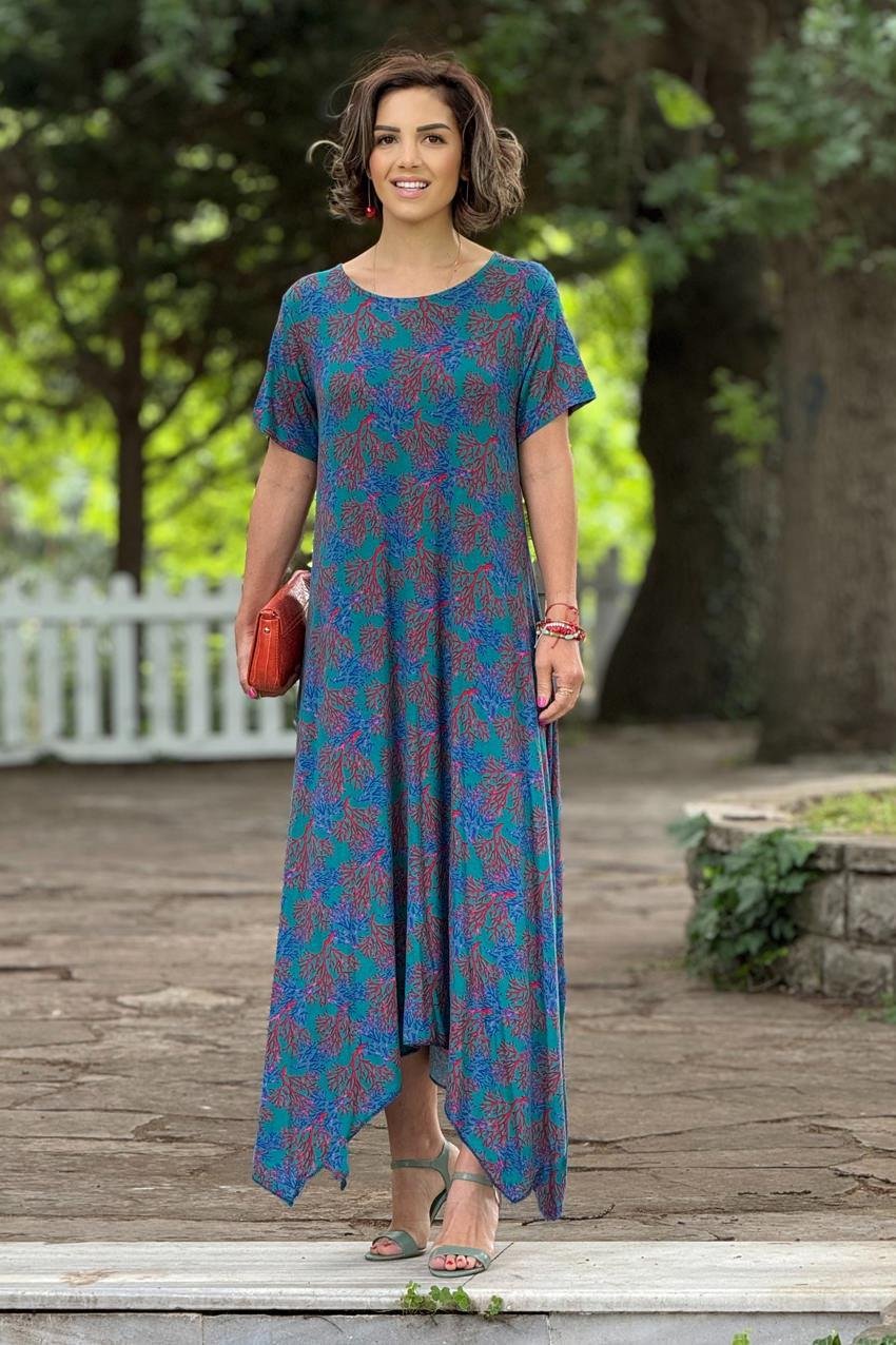 Petrol Renk Ilgın Desenli Verev Kesim Elbise