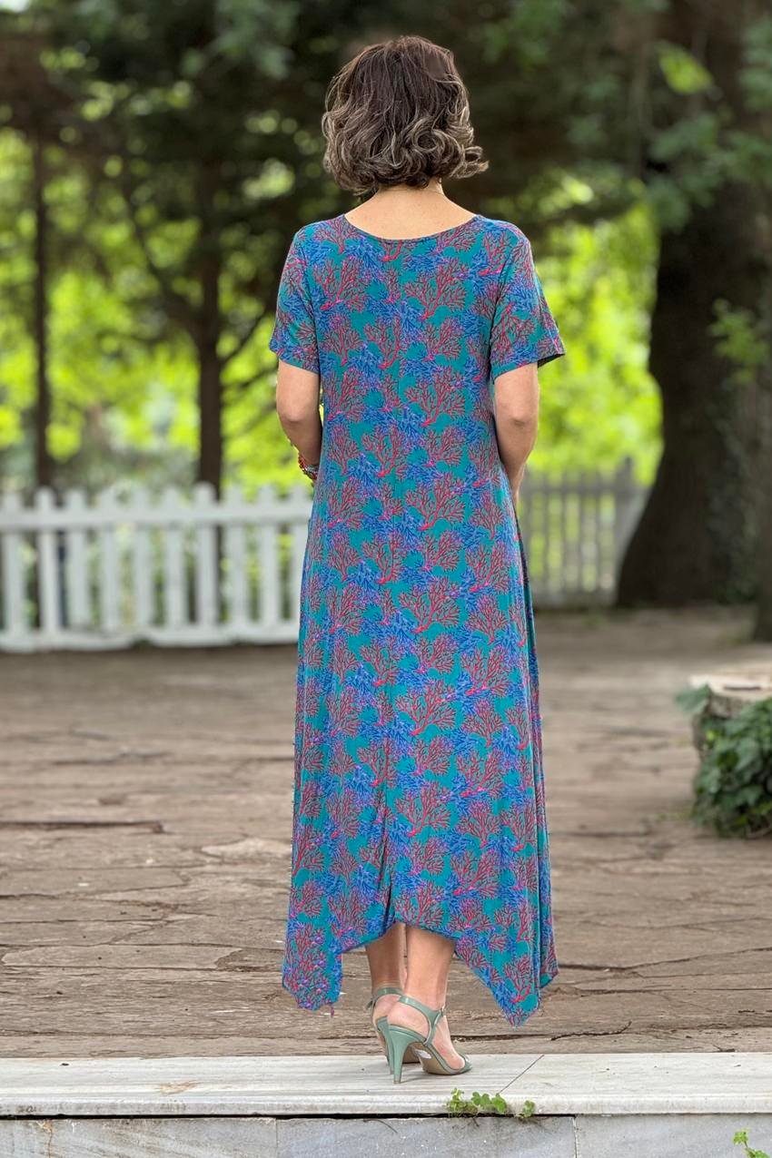 Petrol Renk Ilgın Desenli Verev Kesim Elbise