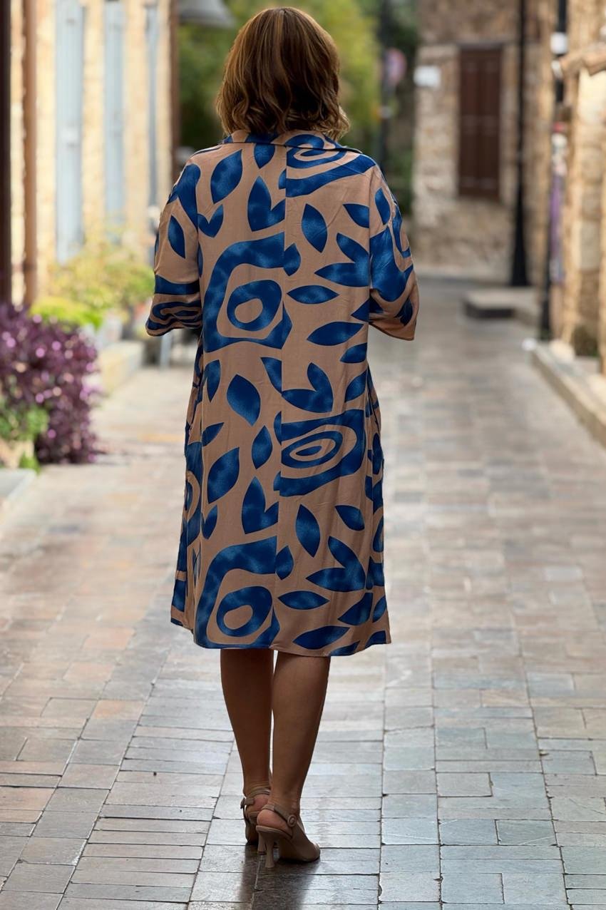 POLO YAKA Krem Hare Desenli Elbise