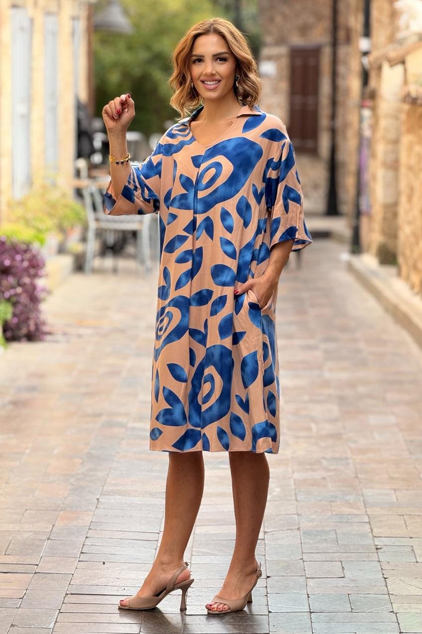 POLO YAKA Krem Hare Desenli Elbise