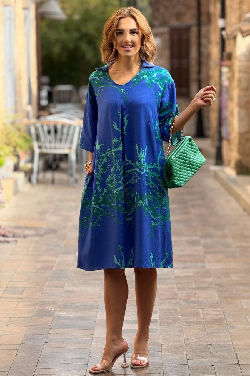 POLO YAKA Mavi Deniz Desenli Elbise