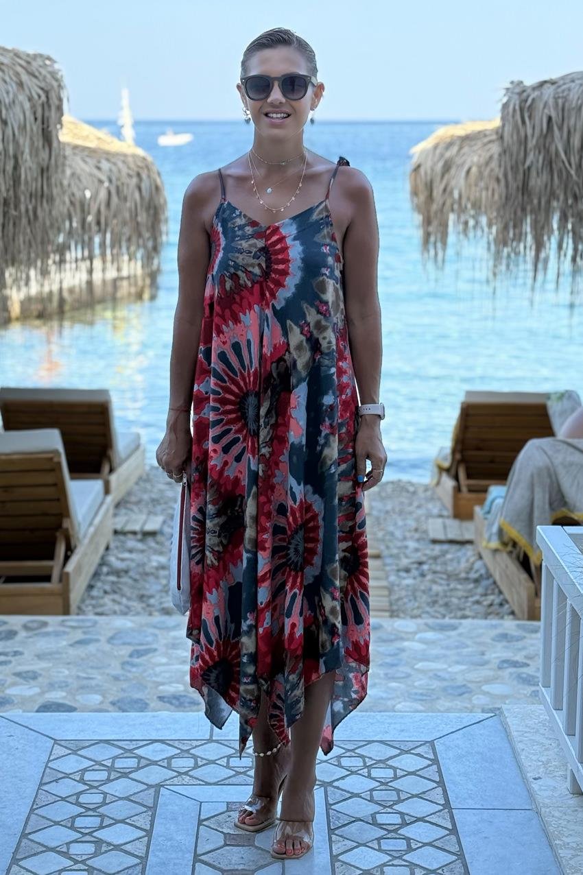 Samos Elbise Kırmızı Etnik Desen Omuzları Bağlamalı Yazlık Askılı Elbise