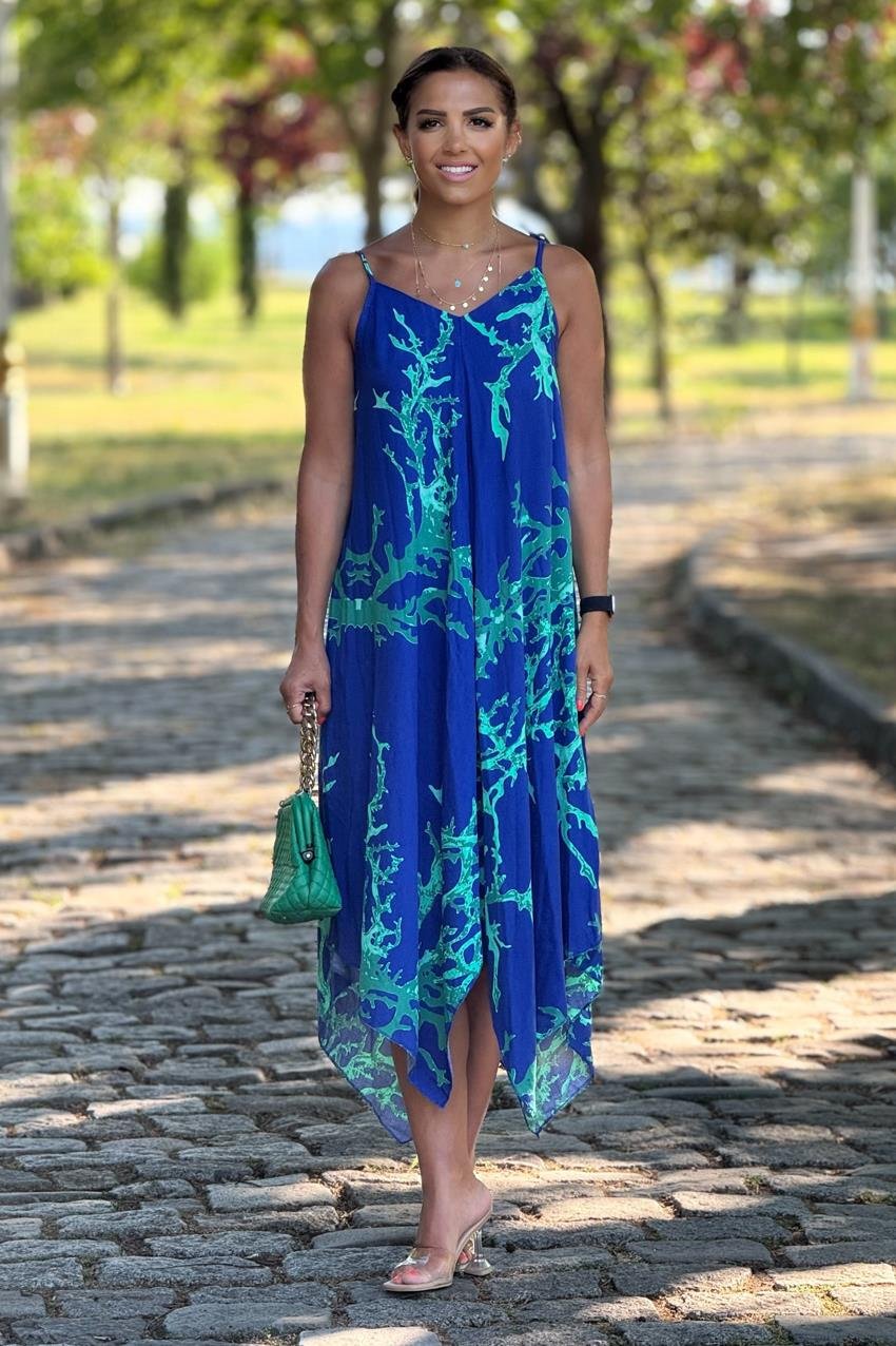 Samos Elbise Mavi Mercan Desen Omuzları Bağlamalı Yazlık Askılı Elbise