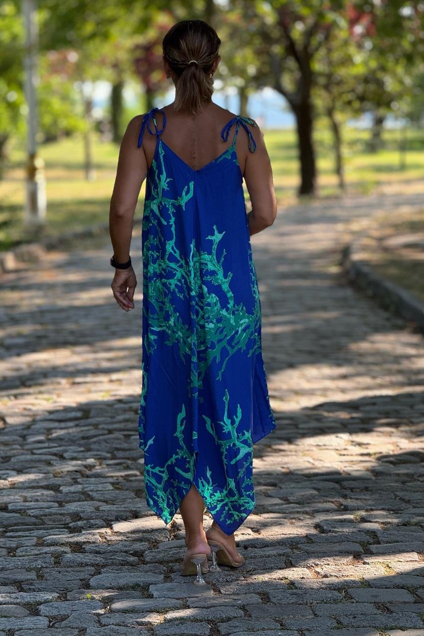 Samos Elbise Mavi Mercan Desen Omuzları Bağlamalı Yazlık Askılı Elbise