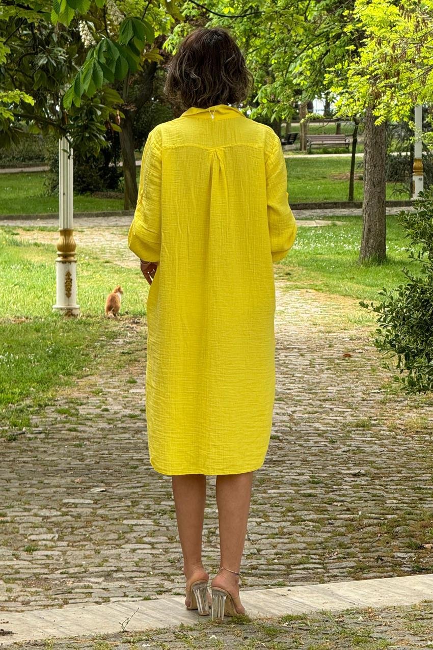 Sarı %100 Pamuk Yumuşacık Müslin Gömlek Elbise