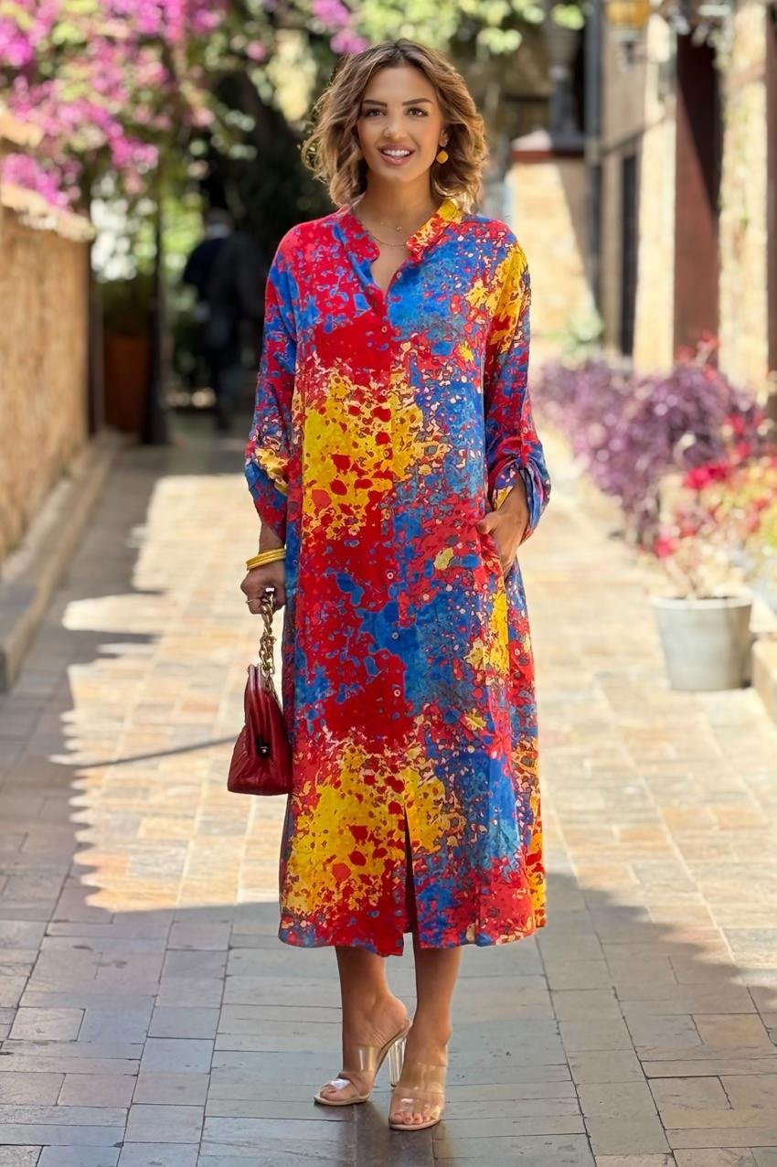 Sarı Mavi Kırmızı Yağlı Boya Büyük Beden Gömlek Elbise