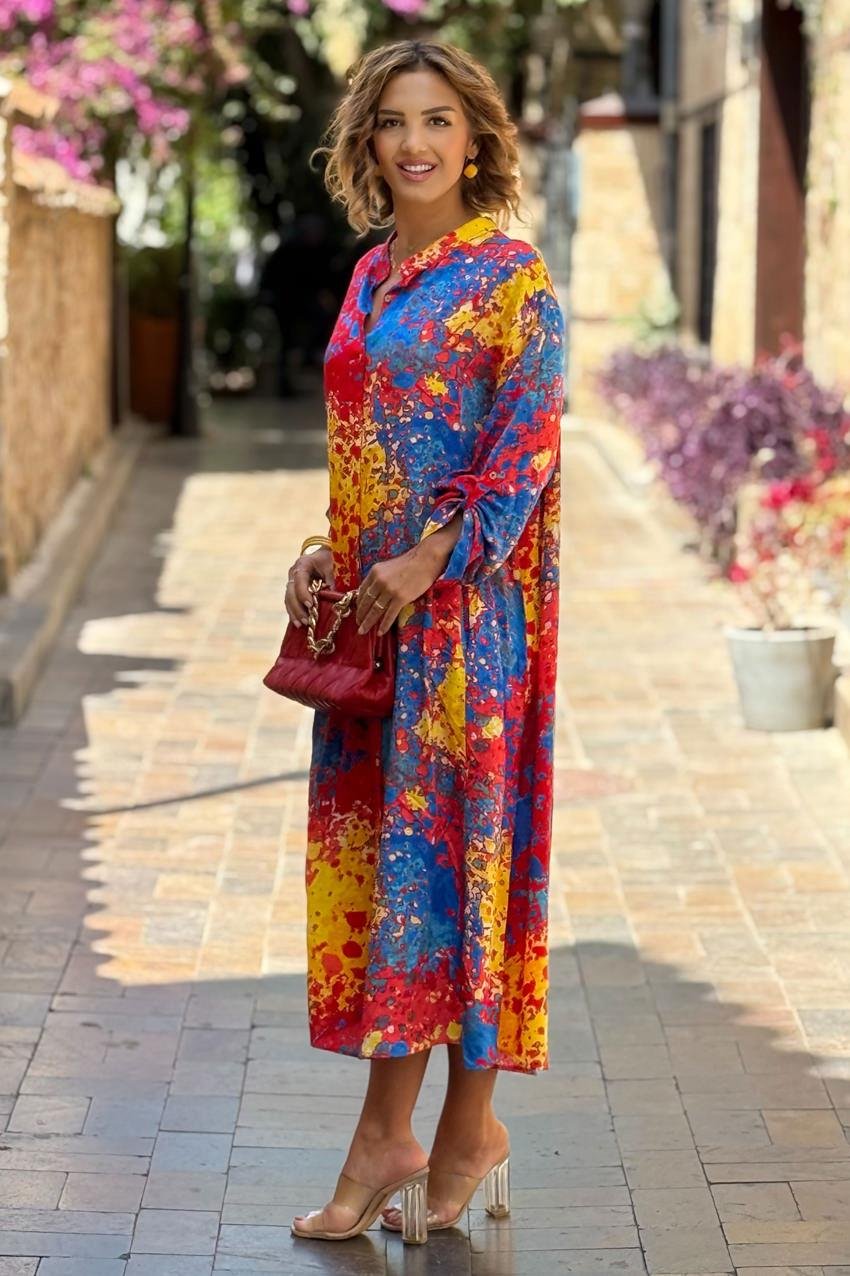 Sarı Mavi Kırmızı Yağlı Boya Büyük Beden Gömlek Elbise