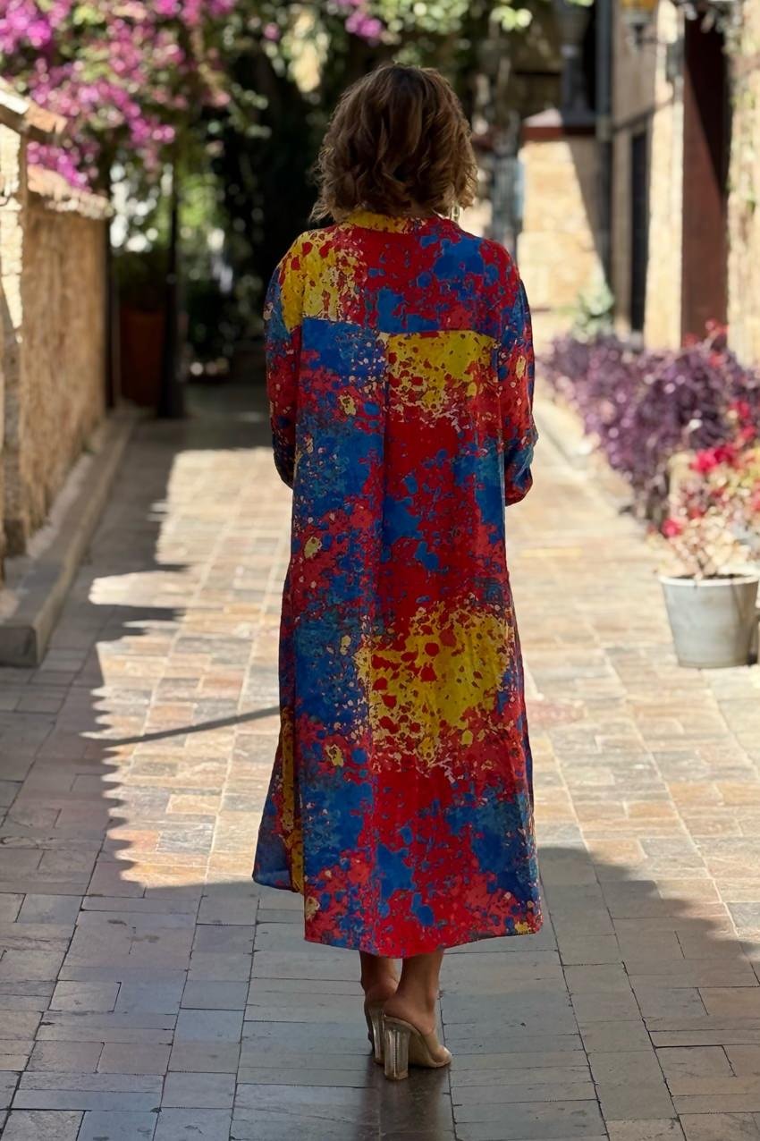Sarı Mavi Kırmızı Yağlı Boya Büyük Beden Gömlek Elbise