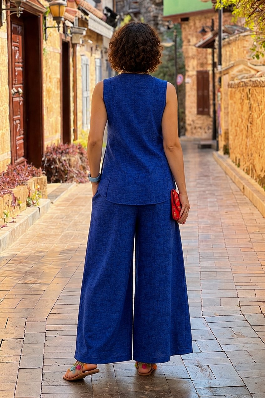 Sicily İndigo Kırçıllı Pantolon Bluz İkili Takım