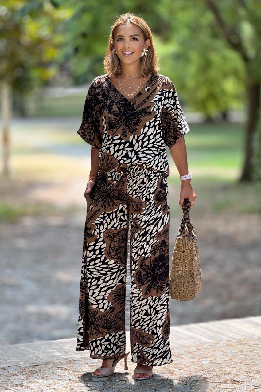 Sicily Kahverengi Tropik Desenli Pantolon Bluz İkili Takım