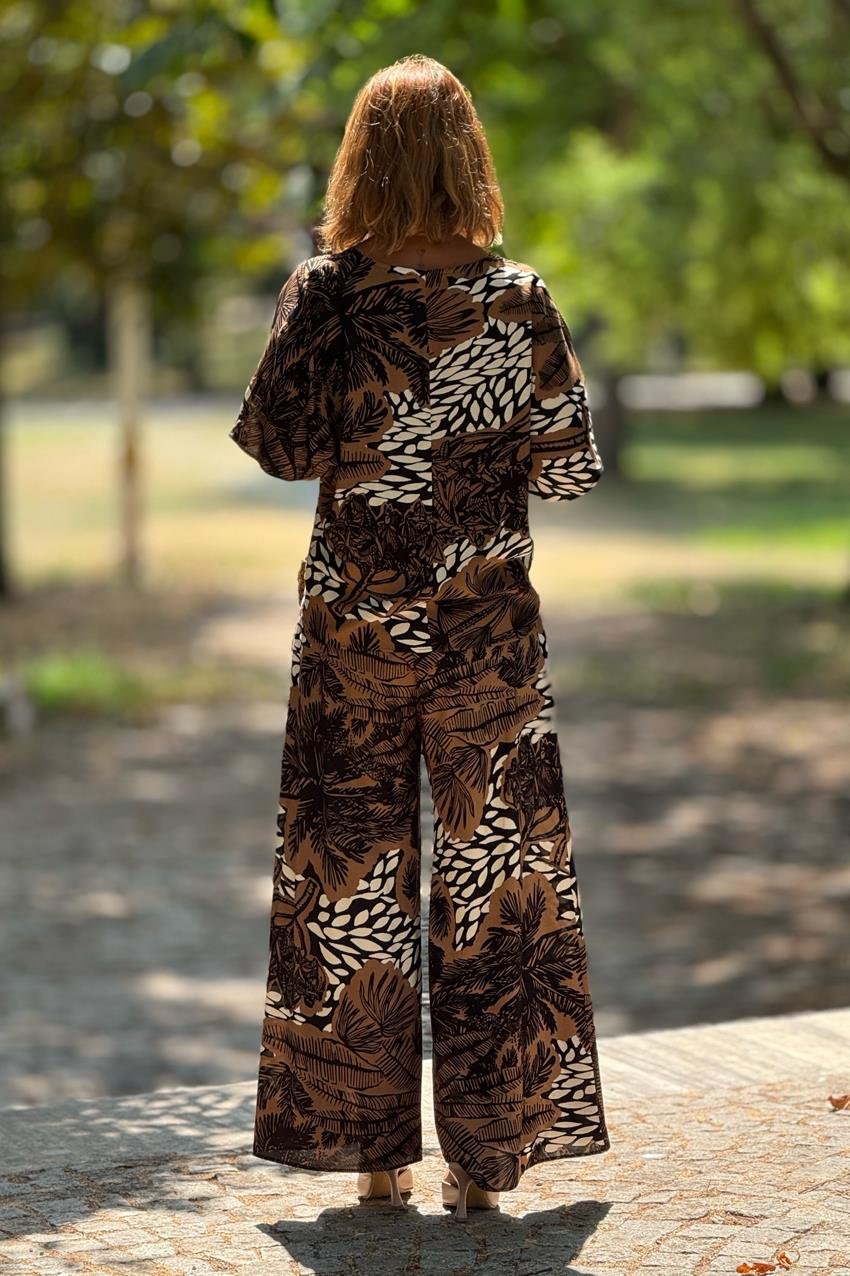 Sicily Kahverengi Tropik Desenli Pantolon Bluz İkili Takım