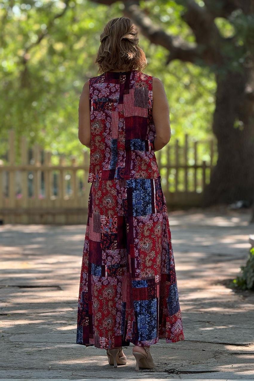 Sicily Kırmızı Amber Desenli Pantolon Bluz İkili Takım