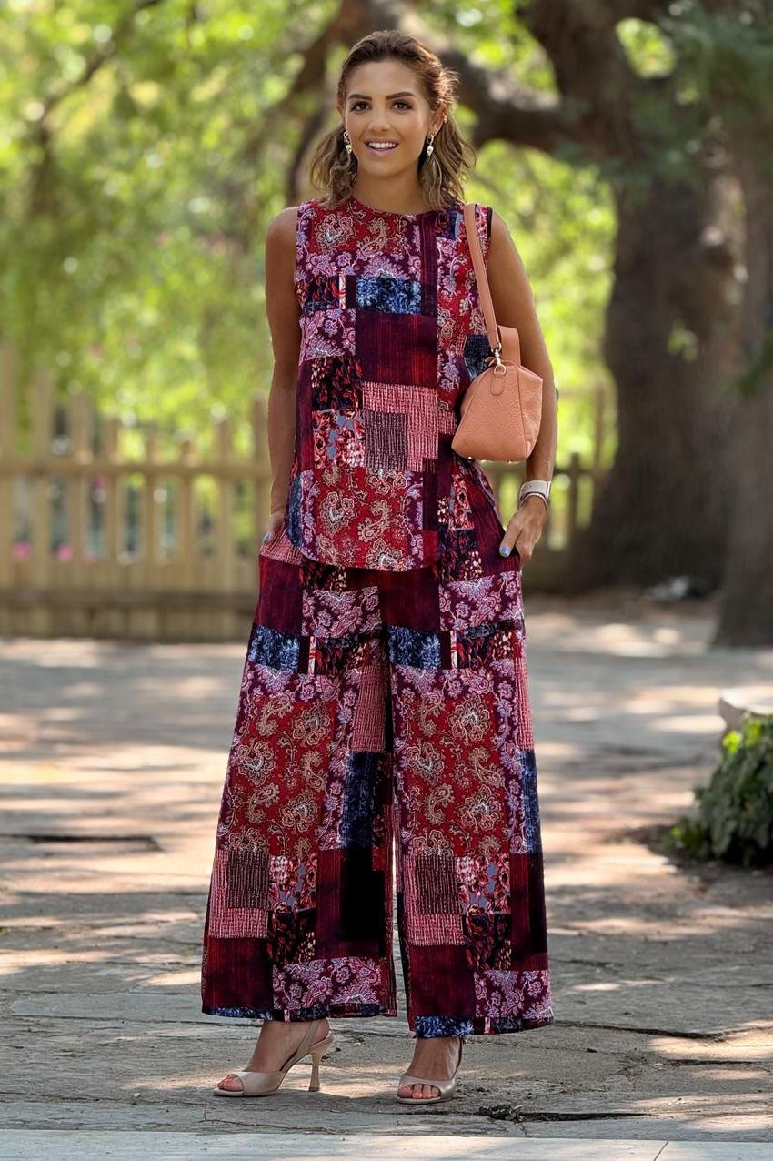 Sicily Kırmızı Amber Desenli Pantolon Bluz İkili Takım