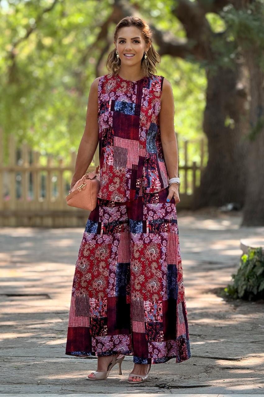 Sicily Kırmızı Amber Desenli Pantolon Bluz İkili Takım