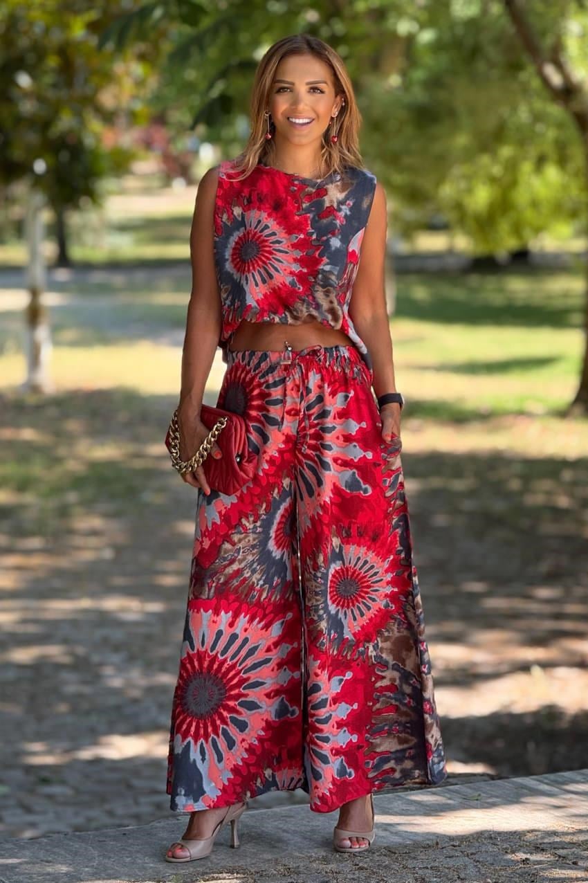 Sicily Kırmızı Etnik Desen Pantolon Bluz İkili Takım