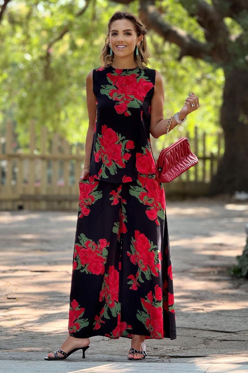 Sicily Kırmızı Gül Desenli Pantolon Bluz İkili Takım