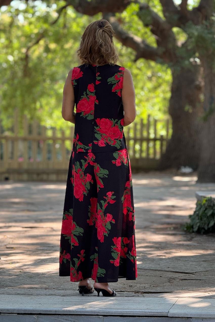 Sicily Kırmızı Gül Desenli Pantolon Bluz İkili Takım