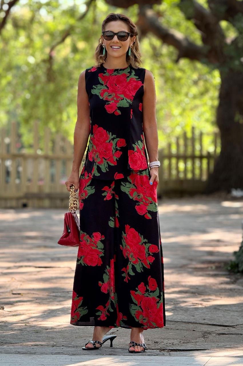 Sicily Kırmızı Gül Desenli Pantolon Bluz İkili Takım