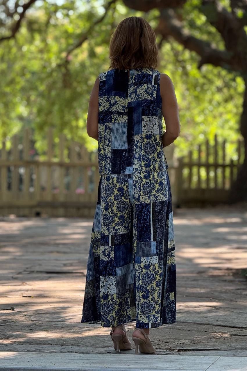 Sicily Mavi Amber Desenli Pantolon Bluz İkili Takım