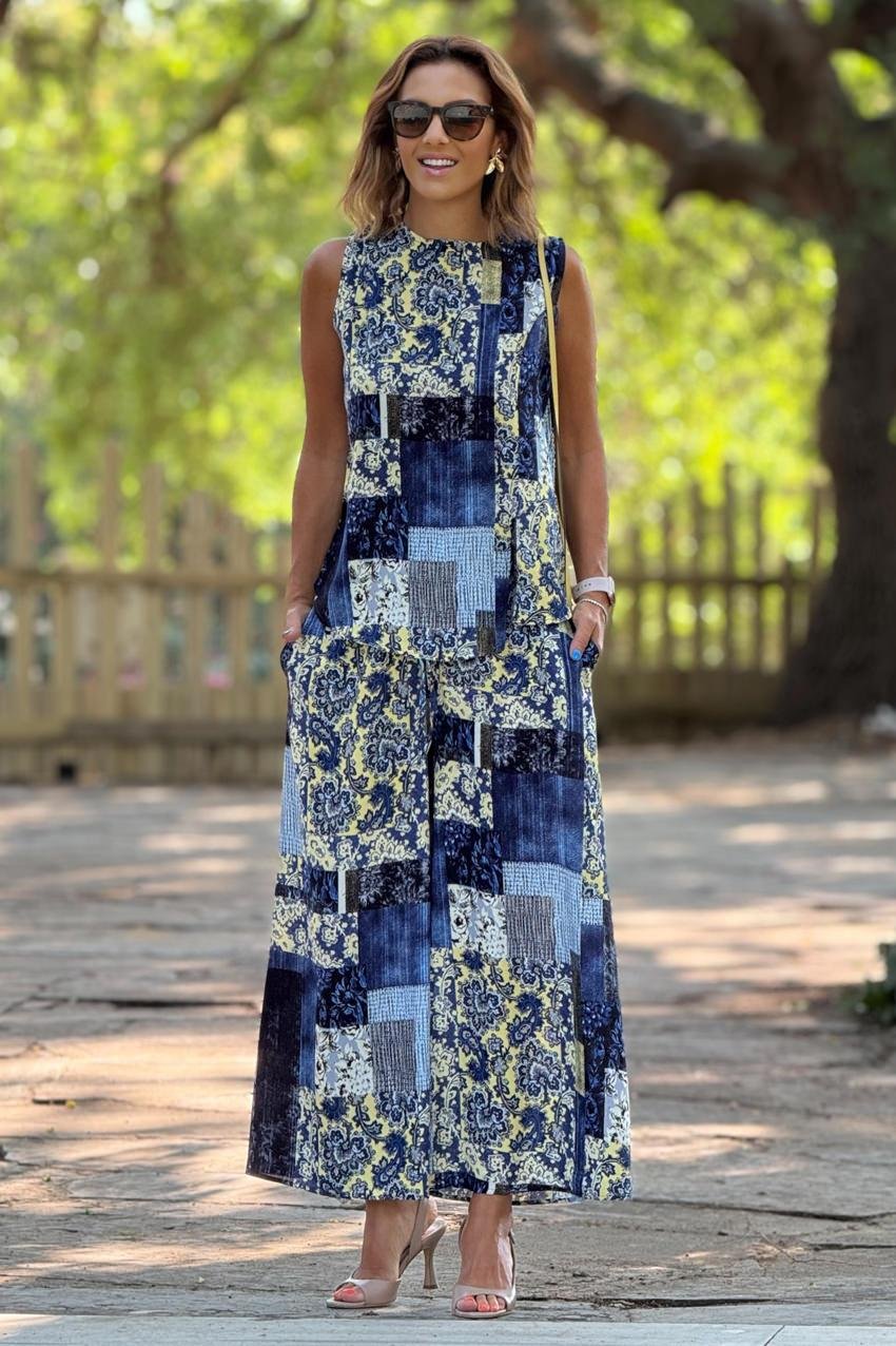 Sicily Mavi Amber Desenli Pantolon Bluz İkili Takım