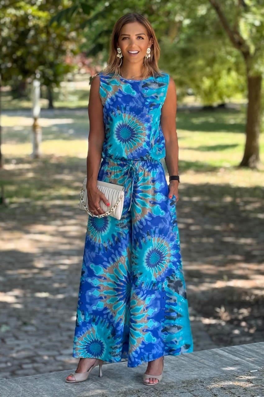 Sicily Mavi Etnik Desen Pantolon Bluz İkili Takım