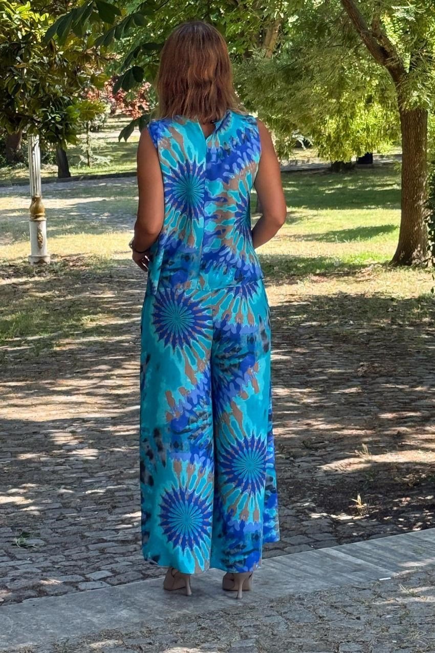 Sicily Mavi Etnik Desen Pantolon Bluz İkili Takım