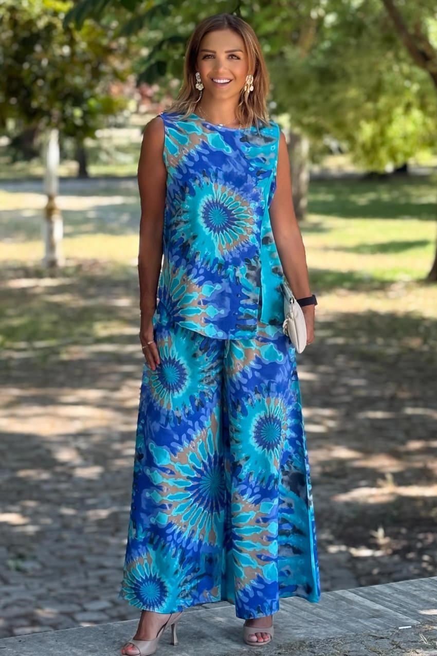 Sicily Mavi Etnik Desen Pantolon Bluz İkili Takım