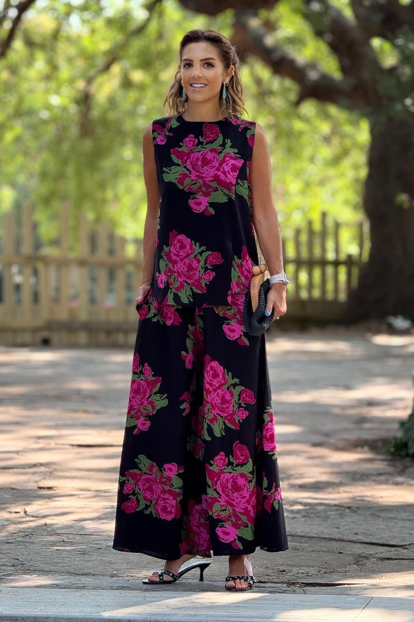 Sicily Pembe Gül Desenli Pantolon Bluz İkili Takım