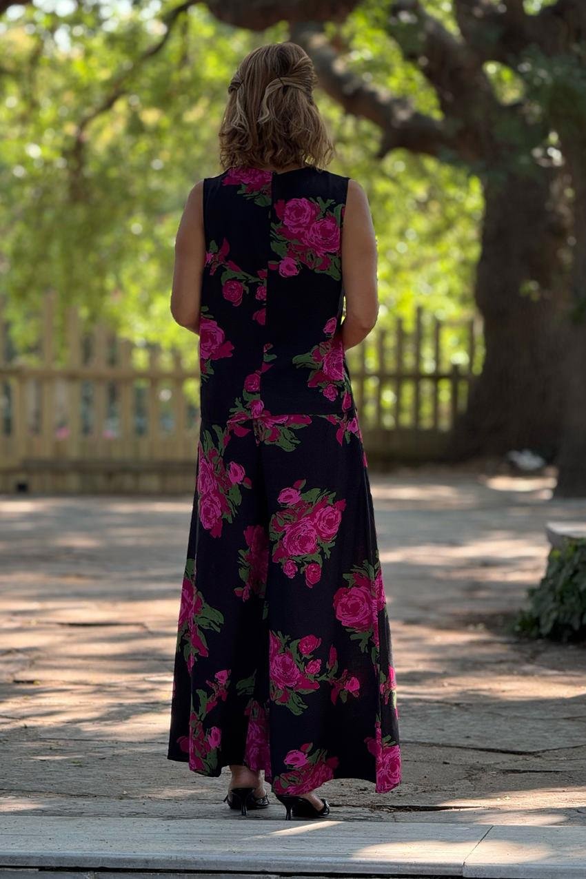 Sicily Pembe Gül Desenli Pantolon Bluz İkili Takım