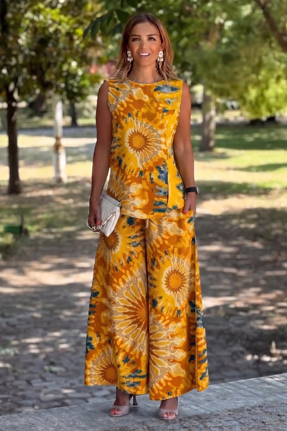 Sicily Sarı Etnik Desen Pantolon Bluz İkili Takım