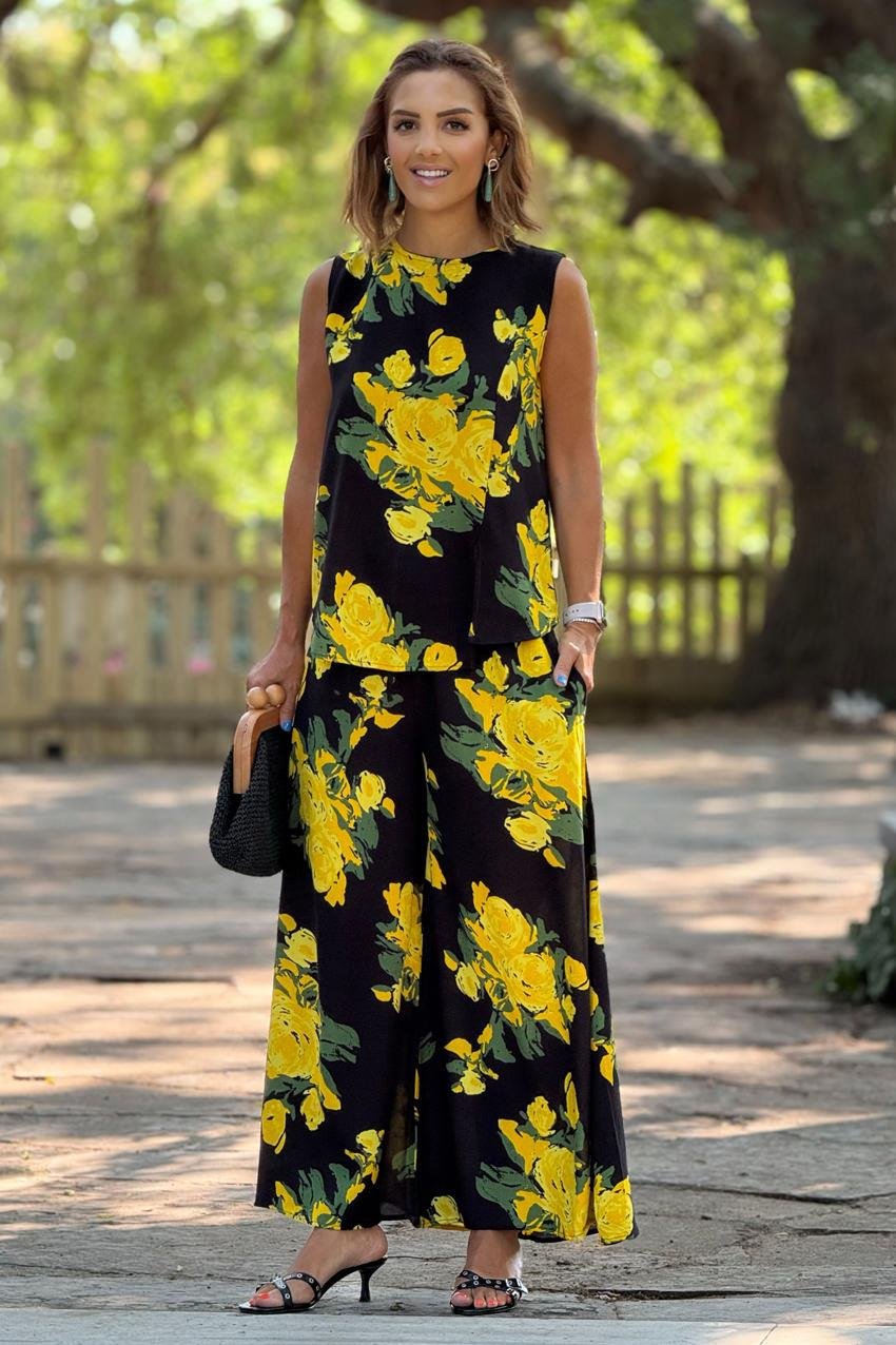 Sicily Sarı Gül Desenli Pantolon Bluz İkili Takım