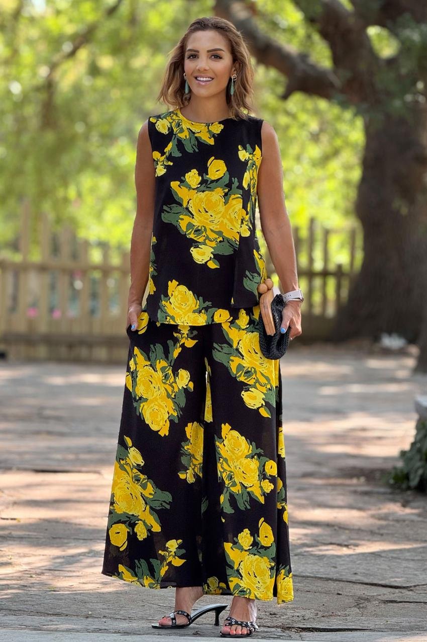 Sicily Sarı Gül Desenli Pantolon Bluz İkili Takım