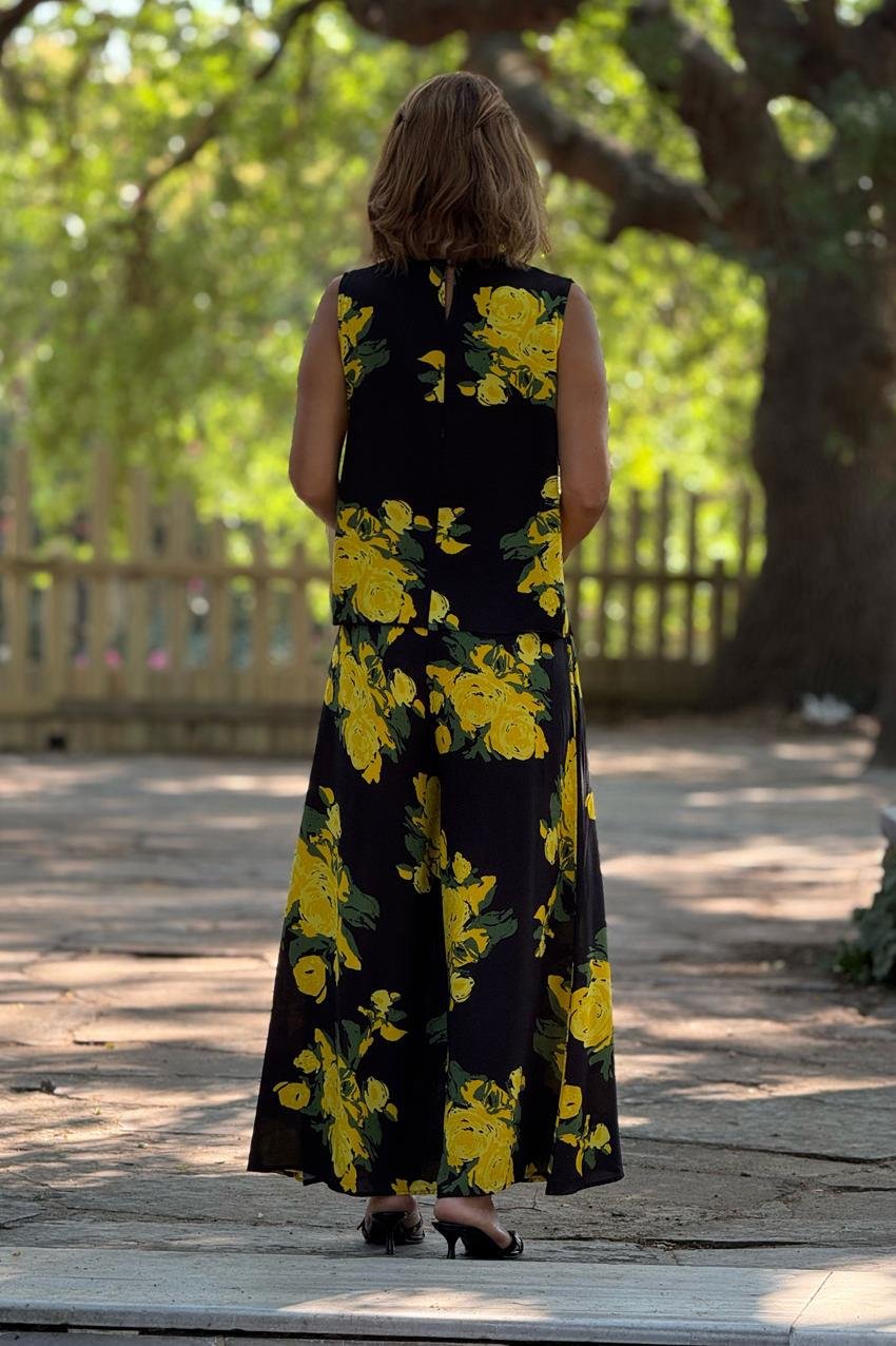 Sicily Sarı Gül Desenli Pantolon Bluz İkili Takım