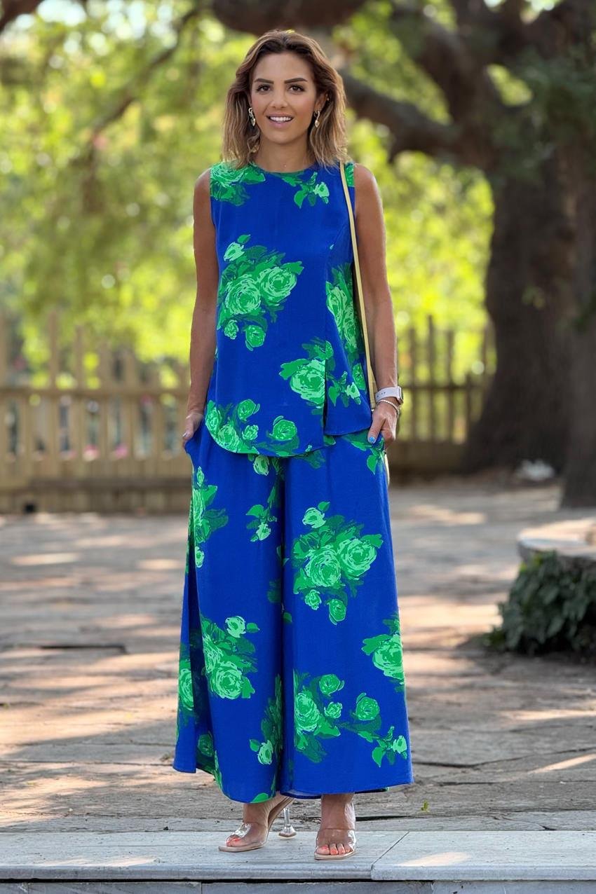 Sicily Yeşil Gül Desenli Pantolon Bluz İkili Takım