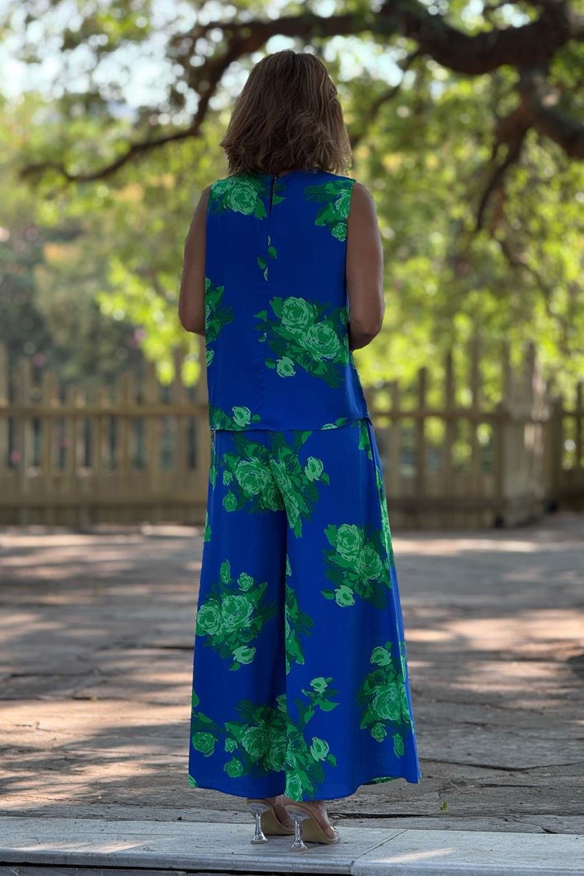 Sicily Yeşil Gül Desenli Pantolon Bluz İkili Takım