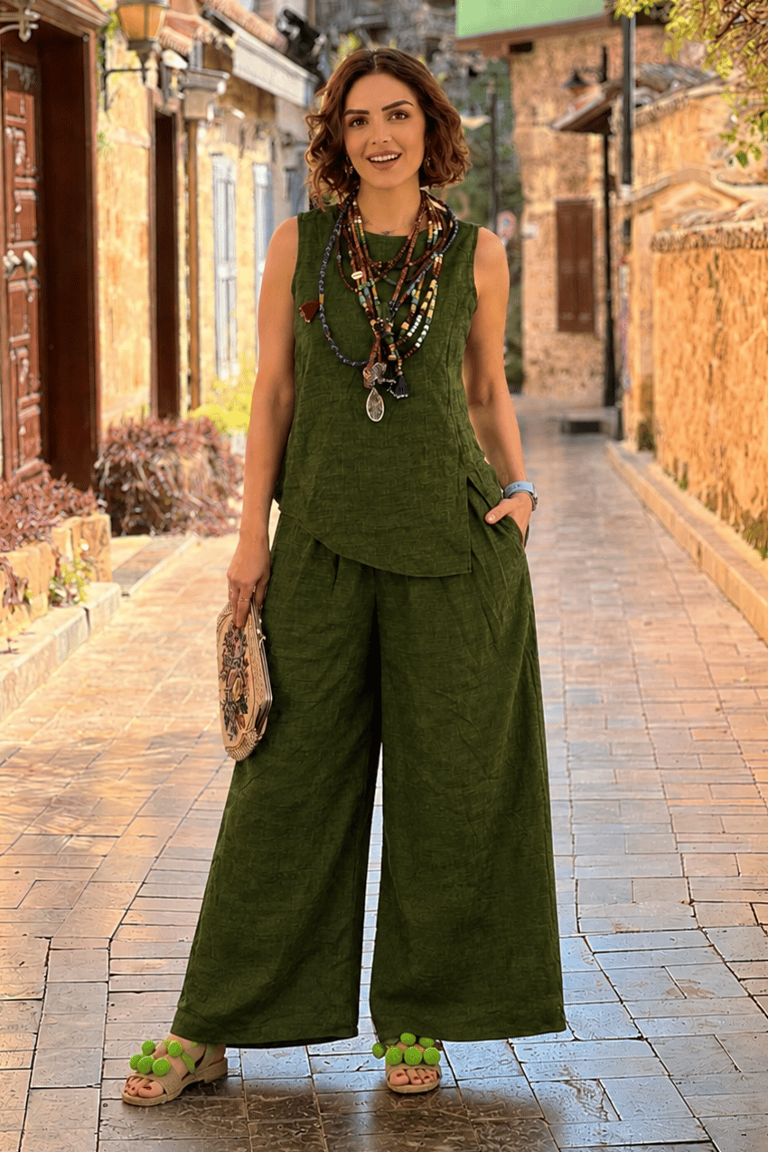Sicily Yeşil Kırçıllı Pantolon Bluz İkili Takım