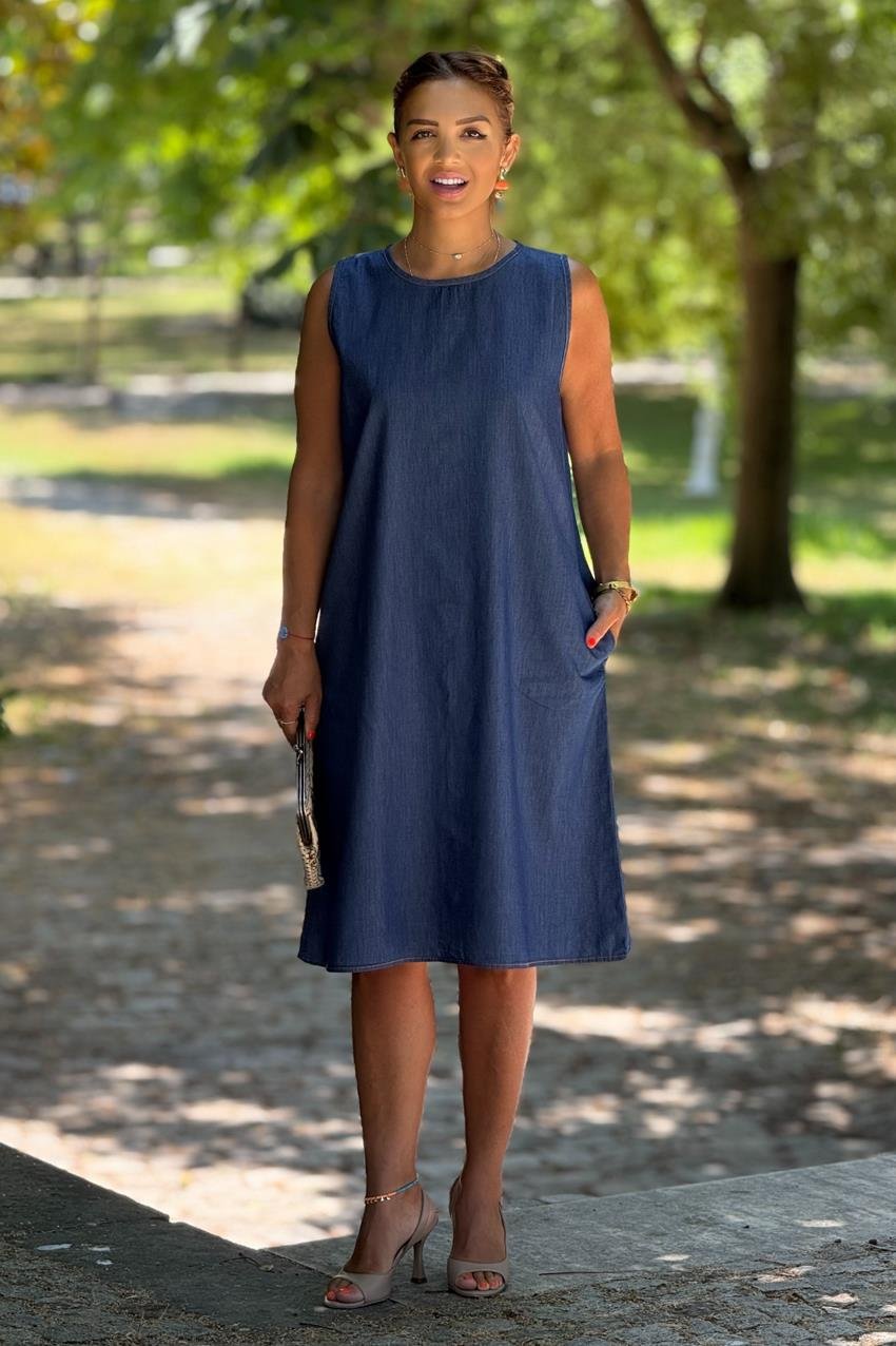 Sıfır Kol Kot Rengi %100 Pamuk Tensel Elbise