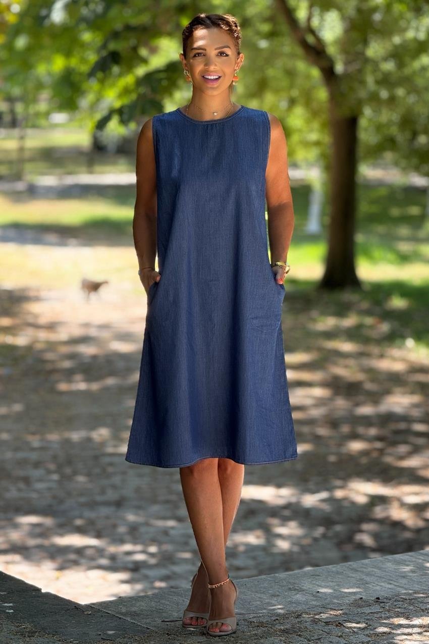 Sıfır Kol Kot Rengi %100 Pamuk Tensel Elbise