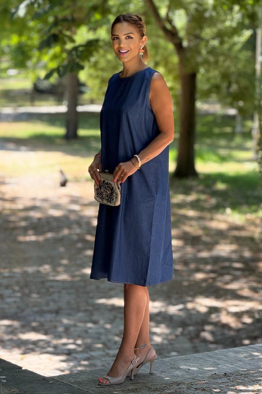 Sıfır Kol Kot Rengi %100 Pamuk Tensel Elbise