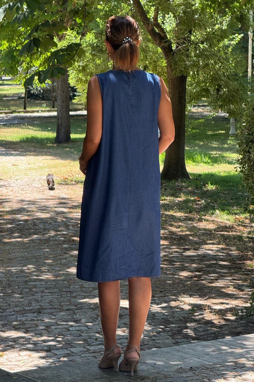 Sıfır Kol Kot Rengi %100 Pamuk Tensel Elbise