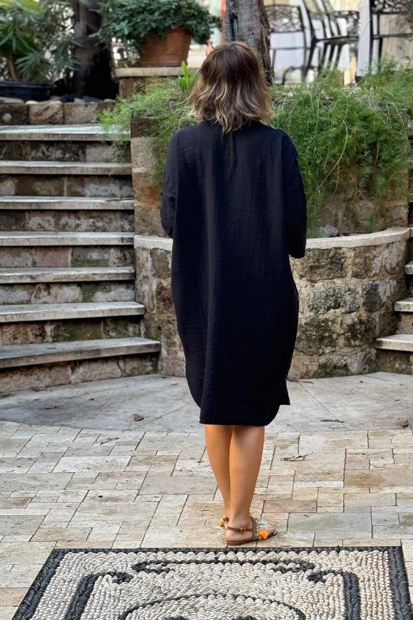 Siyah %100 Pamuk Müslin Gömlek Elbise