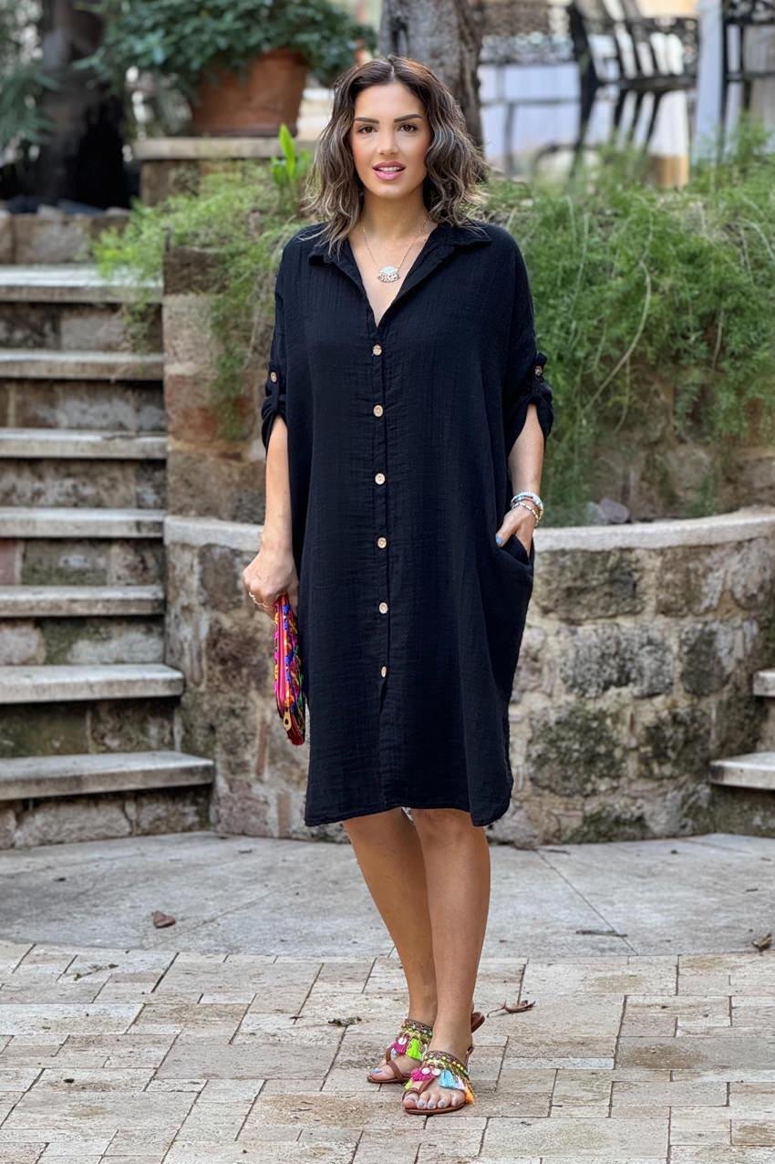 Siyah %100 Pamuk Müslin Gömlek Elbise