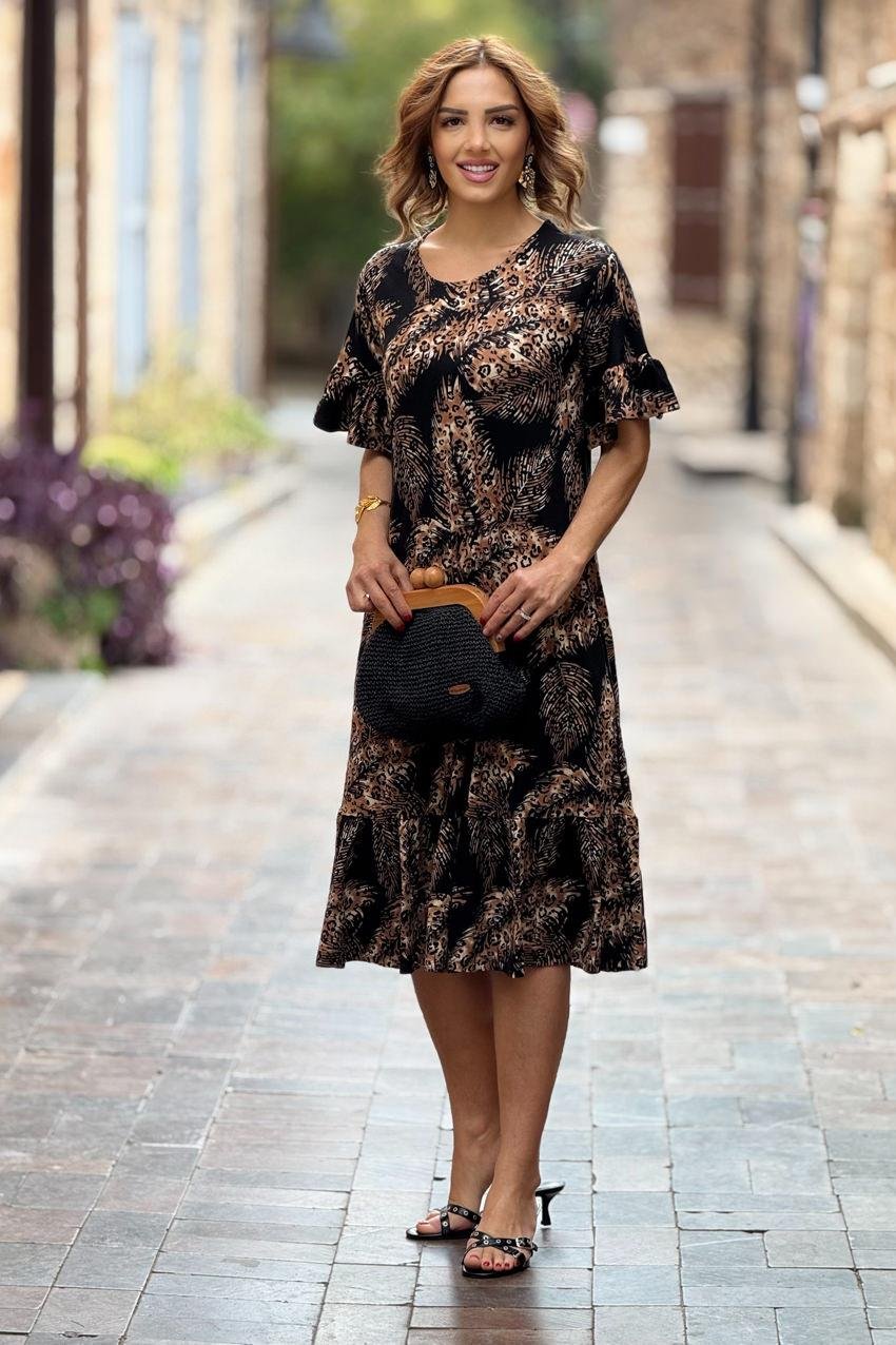 Siyah Afrika Desenli Etekleri Fırfırlı Yazlık Pamuklu Penye Elbise