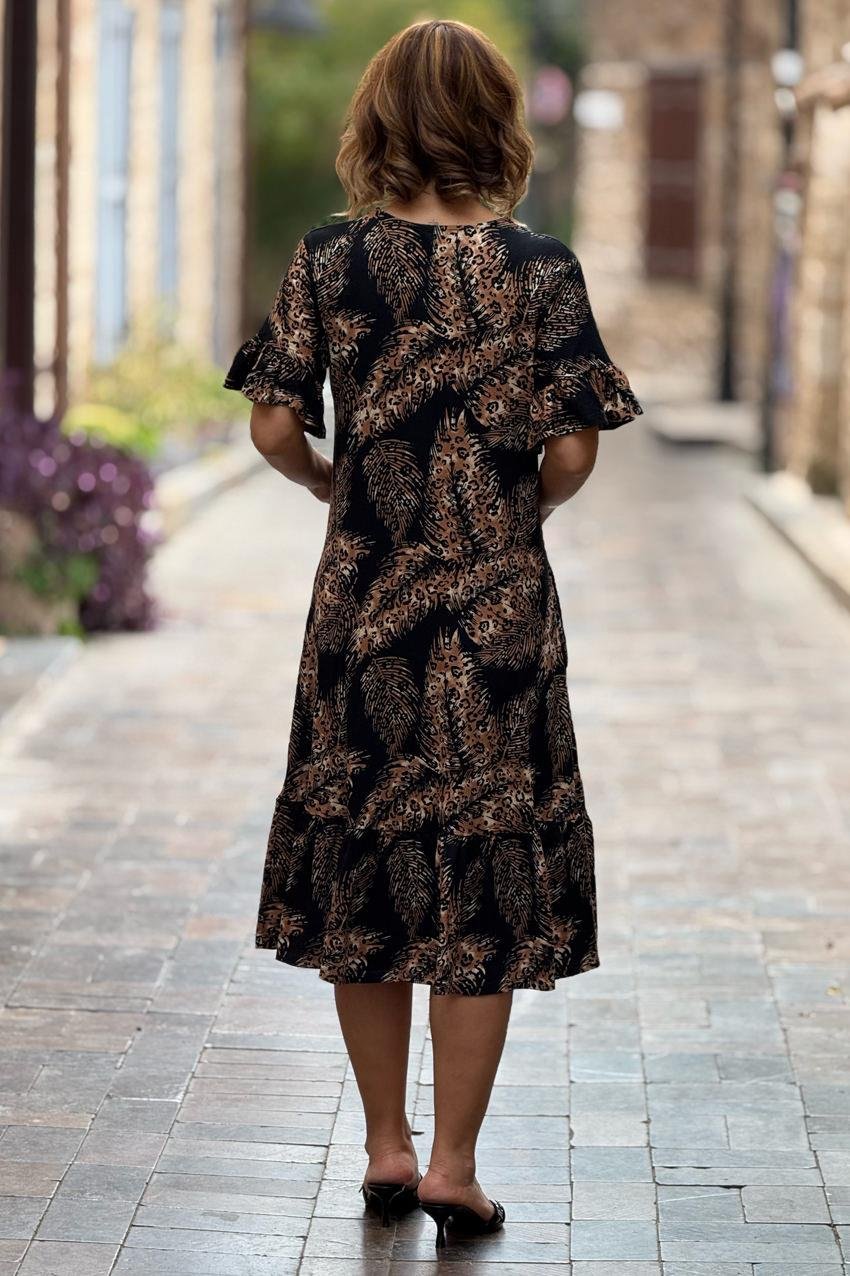 Siyah Afrika Desenli Etekleri Fırfırlı Yazlık Pamuklu Penye Elbise