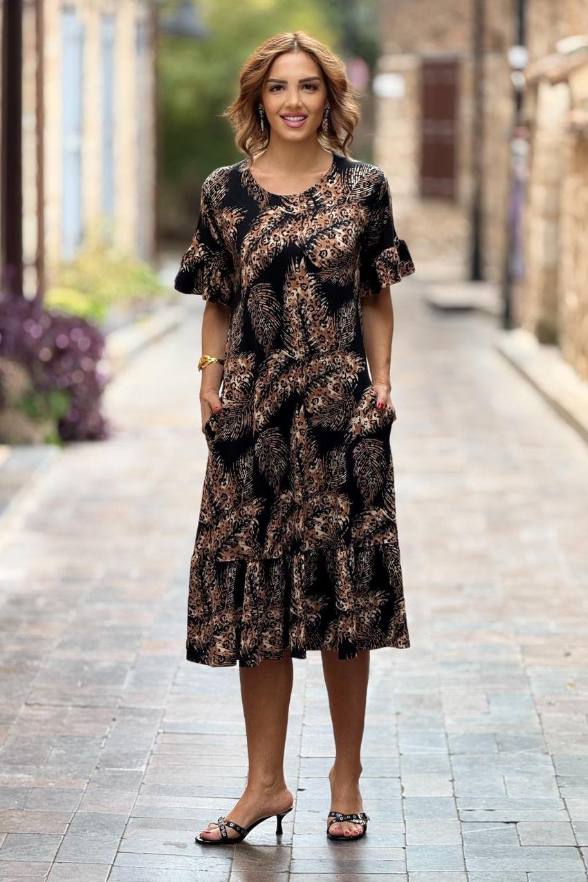 Siyah Afrika Desenli Etekleri Fırfırlı Yazlık Pamuklu Penye Elbise