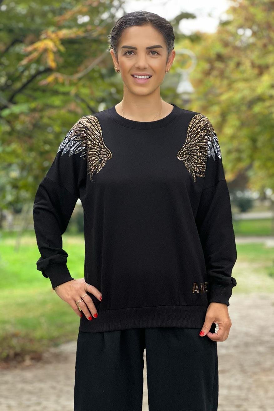 Siyah Angel Taşlı Sweatshirt