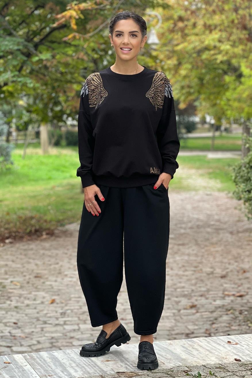 Siyah Angel Taşlı Sweatshirt